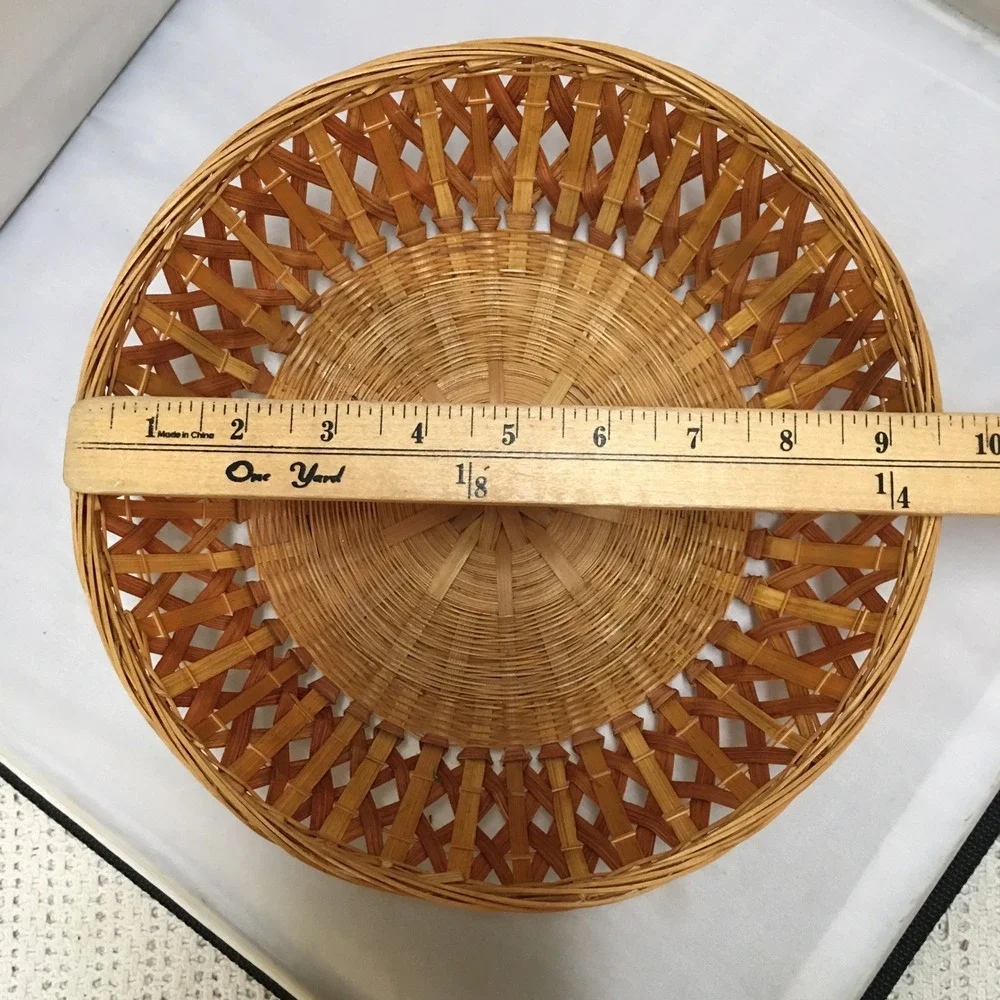 Woven Wicker Basket Bowl Home Decor 9.5in Brown Round Lattice Design Cottagecore